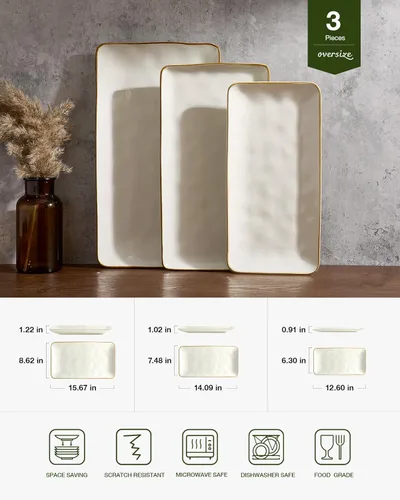 Vista 5 de famiware Juego de 3 platos rectangulares para servir y vajilla para 4 (12 unidades), color blanco vainilla