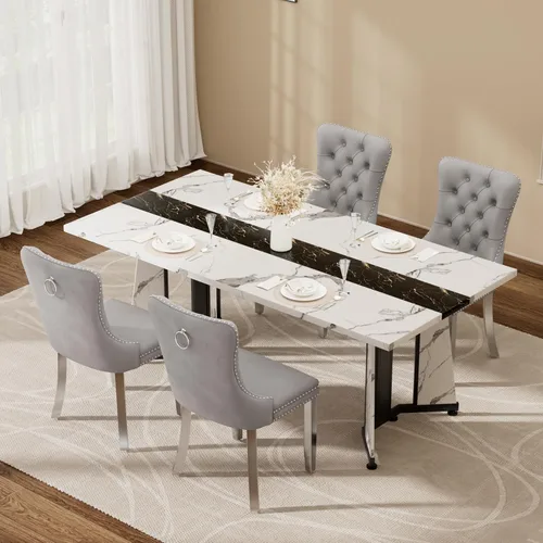 Vista 29 de Juego de mesa de comedor de 5 piezas con 4 sillas, mesa de comedor rectangular de madera de 71 pulgadas con sillas de comedor de terciopelo, tablero