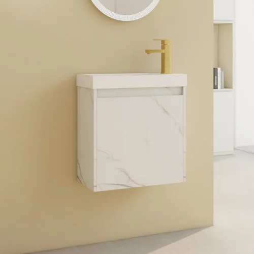 Vista 7 de Tocador de baño flotante de 12 pulgadas con fregadero, tocador de pared de 12 pulgadas, tocador de esquina, con 1 puerta y lavabo de cerámica