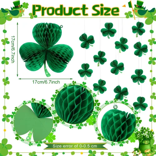 Vista 2 de Karenhi 12 piezas de decoración grande del día de San Patricio de 6.7 pulgadas, adornos de panal de abeja de trébol irlandés 3D, decoración de techo