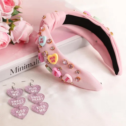 Vista 6 de Diademas de corazón de caramelo para el día de San Valentín para mujer, diadema de corazón de conversación de amor con diamantes de imitación
