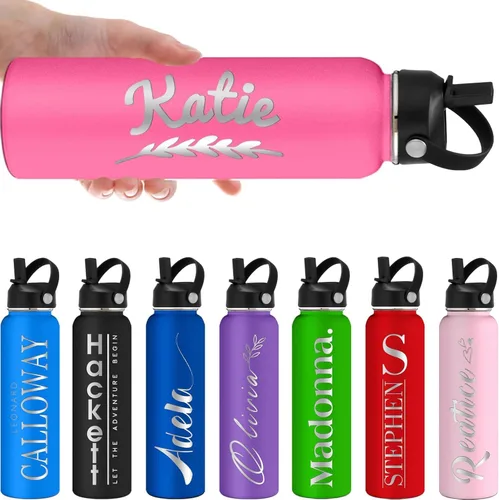 Vista 14 de Botellas de agua personalizadas con tapa de pajilla, botella de agua personalizada de 24 onzas, botella de agua aislada con grabado láser con Morado