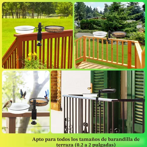 Vista 3 de HRAYLTOP Comederos para pájaros de cubierta con bandeja de malla metálica y 2 cuencos de agua, soporte de abrazadera desmontable ajustable
