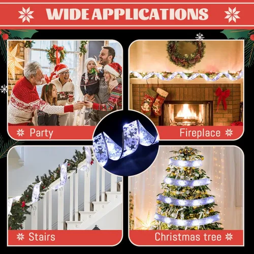 Vista 8 de Cinta plateada para árbol de Navidad, cinta de Navidad con cable, decoración de 32 pies (2 x 16 pies), cinta de Navidad transparente con alambre