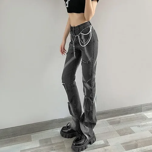 Vista 3 de CYee Jeans holgados rasgados Y2K para mujer, cintura alta, estampado punk, pantalones de hadas, pierna recta, ropa urbana Alt Indie