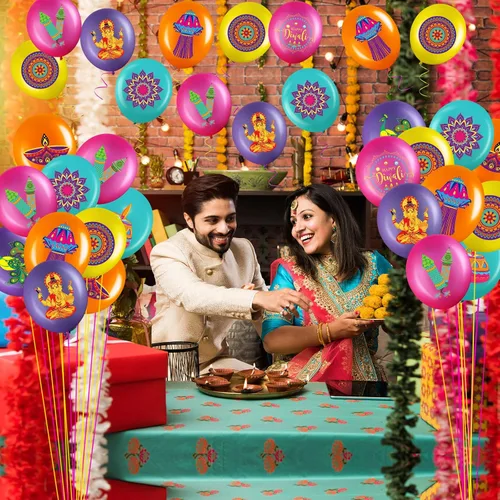 Vista 5 de Zomiboo 45 piezas de decoraciones de fiesta Happy Diwali Rangoli, globos de látex, festival colgante para pared de techo del hogar, suministros