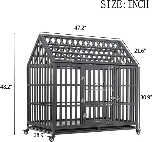 Vista 7 de Jaula grande para perros, jaula de hierro galvanizado resistente de 47 pulgadas para perros, muebles con puerta delantera, puerta superior y 4