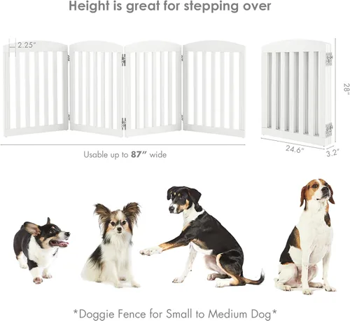 Vista 6 de SPIRICH Puerta plegable independiente de madera para perros de 96 pulgadas de ancho y 28 pulgadas de alto, puerta para mascotas, 4 paneles