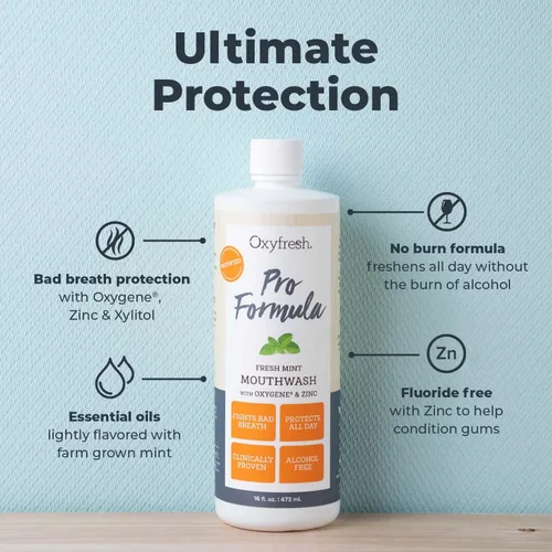Vista 2 de Enjuague bucal prémium Oxyfresh Pro Formula Fresh Mint – Enjuague bucal patentado de zinc para aliento fresco durante todo el día y encías