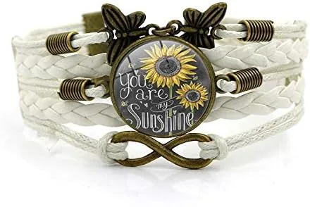 Vista 3 de DATOA Juego de 2 pulseras de cuero con girasol vintage para mujer, con texto en inglés You Are My Sunshine Ana Jewelry Butterfly Infinity Bracelet