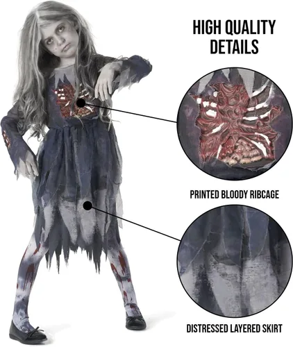 Vista 2 de Morph - Disfraz de zombi para niñas - Disfraz de zombi para niños - Zombie Bride Kids - Disfraces de zombies aterradores para niñas Zombie para niñas