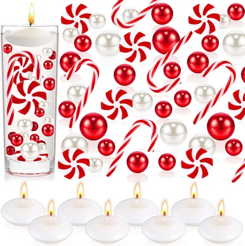 Vista 7 de 124 piezas de perlas de relleno de jarrón de Navidad para relleno de florero, decoración de mesa de Navidad, centro de mesa con 8 velas flotantes