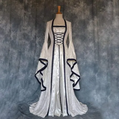 Vista 2 de Vestidos renacentistas para mujer, estilo retro, medieval, victoriano, holgado, manga acampanada, con cordones, vestido de fiesta de máscaras