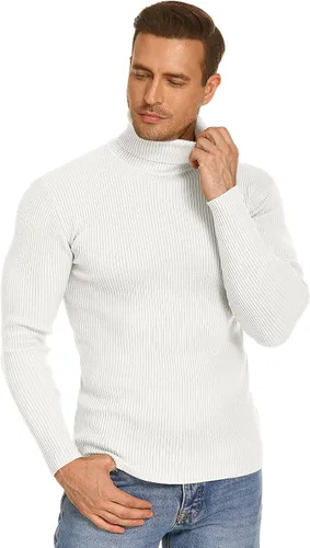 Vista 8 de COOFANDY - Suéter de punto acanalado para hombre, ajuste entallado, cuello de tortuga, casual