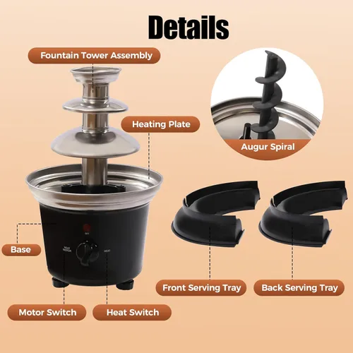 Vista 6 de Máquina eléctrica de fuente de chocolate de tres niveles, capacidad de 1 libra, con bandeja de alimentos y barra giratoria en espiral para fiestas