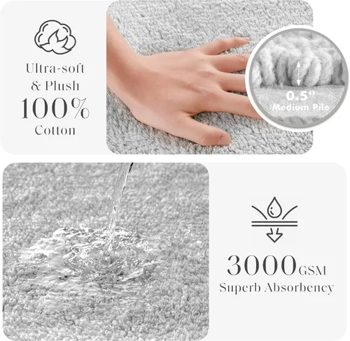 Vista 3 de Madison Park Splendor - Alfombra de baño reversible 100% algodón con mechones - 3000 GSM calidad hotelera lujosa felpa de pelo medio alfombrilla