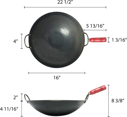 Vista 2 de Thunder Group Wok de hierro con mango de madera, 16 pulgadas