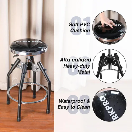 Vista 5 de WORKPRO Taburete de Taller Hidráulico Ajustable de Servicio Pesado, Taburete de Bar para Garaje, 29 a 33.86 pulgadas, Capacidad de 330 Libras, Negro