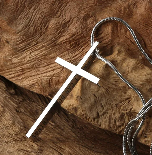 Vista 4 de HZMAN Collar de acero inoxidable con colgante de cruz de Filipenses 413 con versículo bíblico