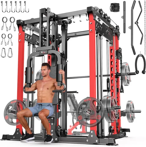 Vista 12 de XGSW Smith Machine Gimnasio en casa, jaula de potencia multifunción con sistema cruzado de cable de polea doble, estante para sentadillas para L06