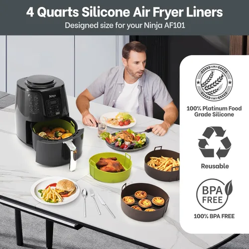 Vista 2 de Revestimientos de silicona para freidora de aire 4QT para Ninja AF101, paquete de 2, revestimientos de cesta de freidora de aire de platino libres