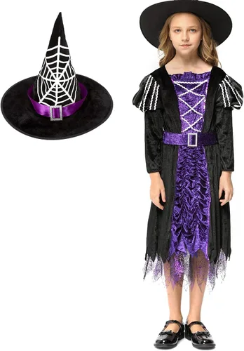 Vista 2 de Knowfunn Disfraz de bruja para niñas, disfraz de bruja de cuento de hadas para Halloween, disfraz de fiesta de Halloween