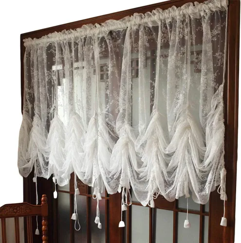 Vista 3 de FADFAY cortinas transparentes bordadas con puntilla blanca y borlas elegantes, 1 panel de cortinas de tul floral para ventanas.