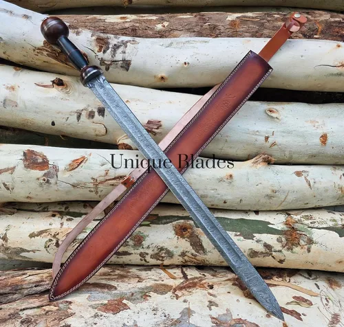 Vista 7 de Roman Spatha - Espada de batalla de acero de Damasco, hoja de espiga completa de 36 pulgadas con ranura de sangre, colección Third Century Viking