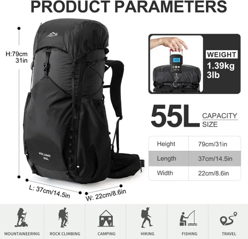 Vista 2 de IX INOXTO 55L Mochila con armazón interno resistente al agua para senderismo y camping con vejiga de agua de 3L y cubierta contra la lluvia, mochila