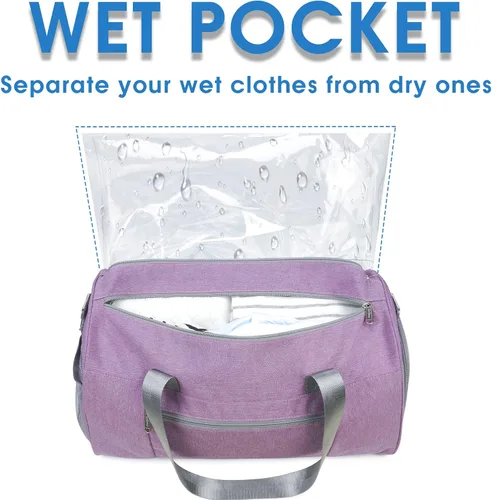 Vista 2 de Bolsa de gimnasio deportiva con bolsillo húmedo y compartimento para zapatos, bolsa de entrenamiento para hombres y mujeres, 4-Morado