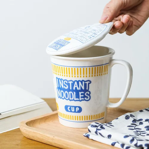 Vista 2 de Cuenco de fideos instantáneos de cerámica con tapa, taza creativa para sopa de ramen, cuenco para almuerzo para estudiantes (color azul, tamaño: S)