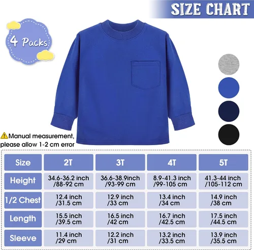 Vista 2 de Cooraby Paquete de 4 camisetas térmicas de manga larga para niños pequeños, de algodón, con bolsillo, cuello redondo