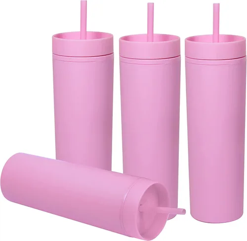 Vista 9 de SKINNY TUMBLERS - Paquete de 4 vasos de acrílico color pastel mate con tapa y popote, perfecto para el hogar, fiestas, viajes, vaso de plástico Negro