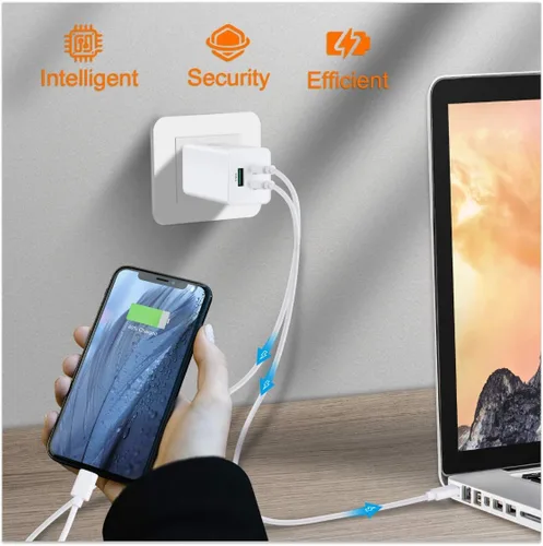 Vista 2 de NewWay Cargador rápido USB-C de 65 W de 3 puertos PD QC 3.0 de entrega plegable, cargador de pared USB-C para MacBook, iPad, iPhone Series con 15 16