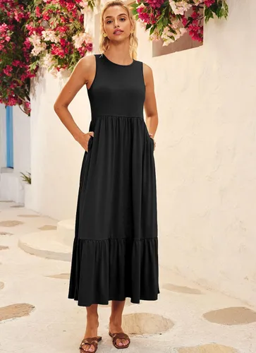 Vista 2 de LILLUSORY Vestidos de verano casuales sin mangas con cuello redondo y bolsillos para mujer