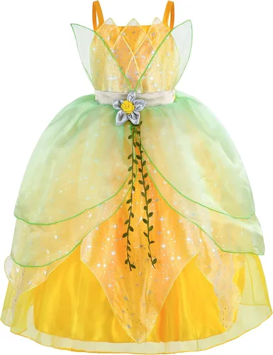 Vista 2 de BLOOMIRO Disfraz de princesa Tiana para niñas, disfraz de fiesta de cumpleaños con accesorios