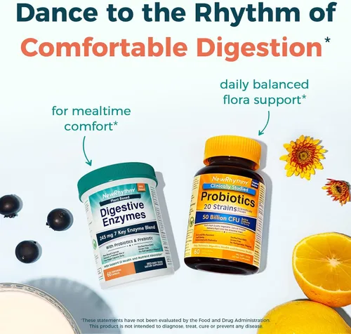 Vista 7 de NewRhythm Enzimas digestivas de 245 mg, con probióticos y prebióticos, a base de plantas, 7 enzimas clave, digestión, absorción de nutrientes