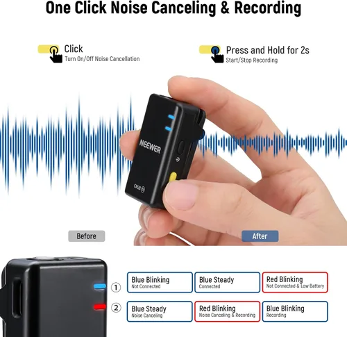 Vista 4 de NEEWER CM28 Micrófono Lavalier inalámbrico, micrófono Lav con cancelación de ruido inteligente, 48 KHz/16 bits, grabación sin comprimir de 9 horas