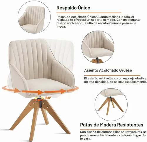 Vista 4 de Furniliving Silla Giratoria de Acento Moderna de Mediados de Siglo para Sala de Estar, Silla de Escritorio de Madera con Brazos, Sillas con Brazos