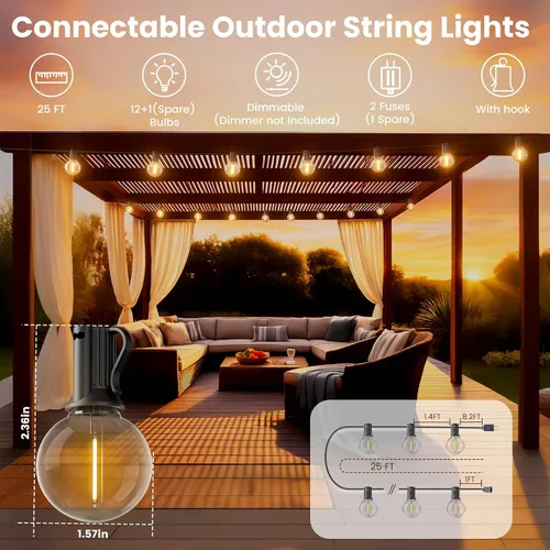 Vista 5 de RTTY Tira de luces LED G40 para exteriores de 25 pies, con 13 bombillas de plástico, inastillables, impermeables, conectables, para colgar