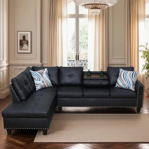 Vista 3 de Sofá seccional en forma de L, sofás modulares modernos para el hogar para sala de estar con diván móvil, conjuntos modulares de sala de estar, Negro