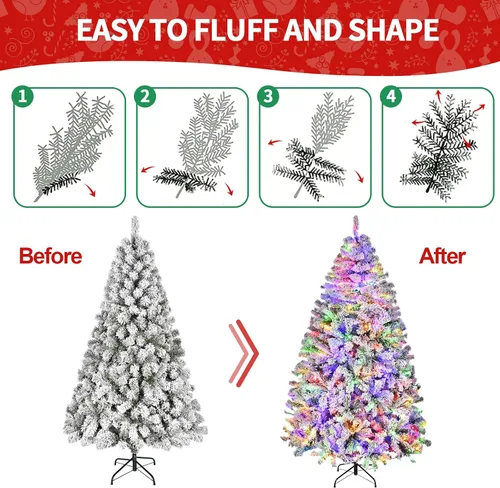 Vista 7 de Árbol de Navidad flocado de 6 pies preiluminado, árbol de Navidad artificial con control remoto, 250 luces LED de color blanco cálido y cambio