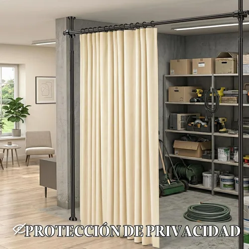 Vista 6 de Juego de cortinas divisoras de habitación, sin taladro, con barra retráctil, sin herramientas, para dormitorio, color beige, 100 pulgadas de ancho x