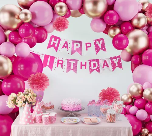 Vista 6 de Kit de arco de globos de oro rosa intenso, 123 piezas, guirnalda de globos de macarrón para revelación de género, cumpleaños, baby shower