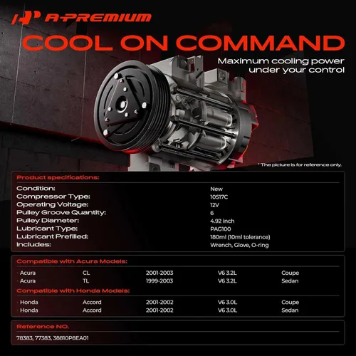 Vista 2 de A-Premium Compresor A/C con embrague compatible con Honda Accord 3.0L 2001-2002, Acura TL 3.2L1999-2003, CL 3.2L 2001-2003