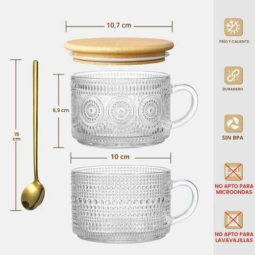Vista 7 de Tazas de café vintage, contenedores de avena nocturna con tapas y cucharas de bambú - Tazas de vidrio claro grabado de 14oz, lindos accesorios