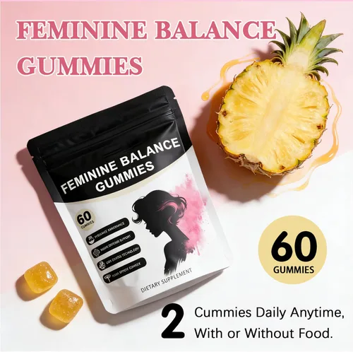 Vista 7 de Gomitas de equilibrio femenino prémium para mujer, sabor a piña hawaiana, equilibrio diario del pH y apoyo de frescura, gomitas veganas sin azúcar