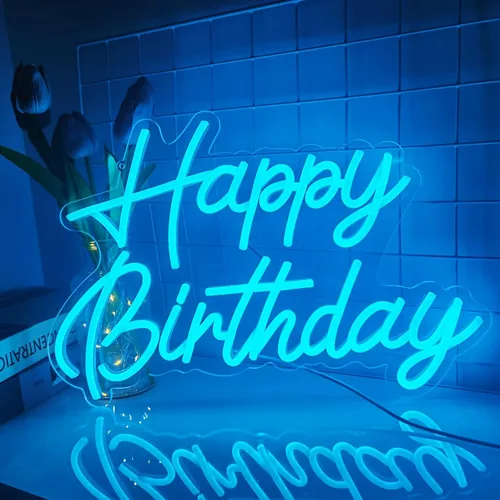 Vista 3 de Letrero de neón de feliz cumpleaños, reutilizable, luz nocturna LED de neón azul hielo, decoraciones de fiesta de cumpleaños, funciona con USB