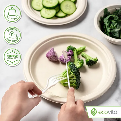 Vista 4 de Ecovita Platos de papel 100 % compostables [9 pulgadas] – 150 platos desechables ecológicos, resistentes, libres de árboles, líquidos y resistentes