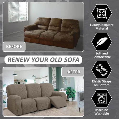 Vista 4 de ULTICOR - Juego de 8 fundas para sofá reclinable de jacquard, fundas elásticas para sofá reclinable para 3 cojines, gruesas, suaves, lavables